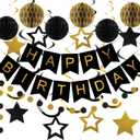 meowtastic Birthday Decorations, Happy Birthday Banner with Honeycomb Balls, Star Hanging Swirl Streamers, Circle Dot Garland, Happy Birthday Party Decorations for Women Men Boys Girls (Black & Gold)