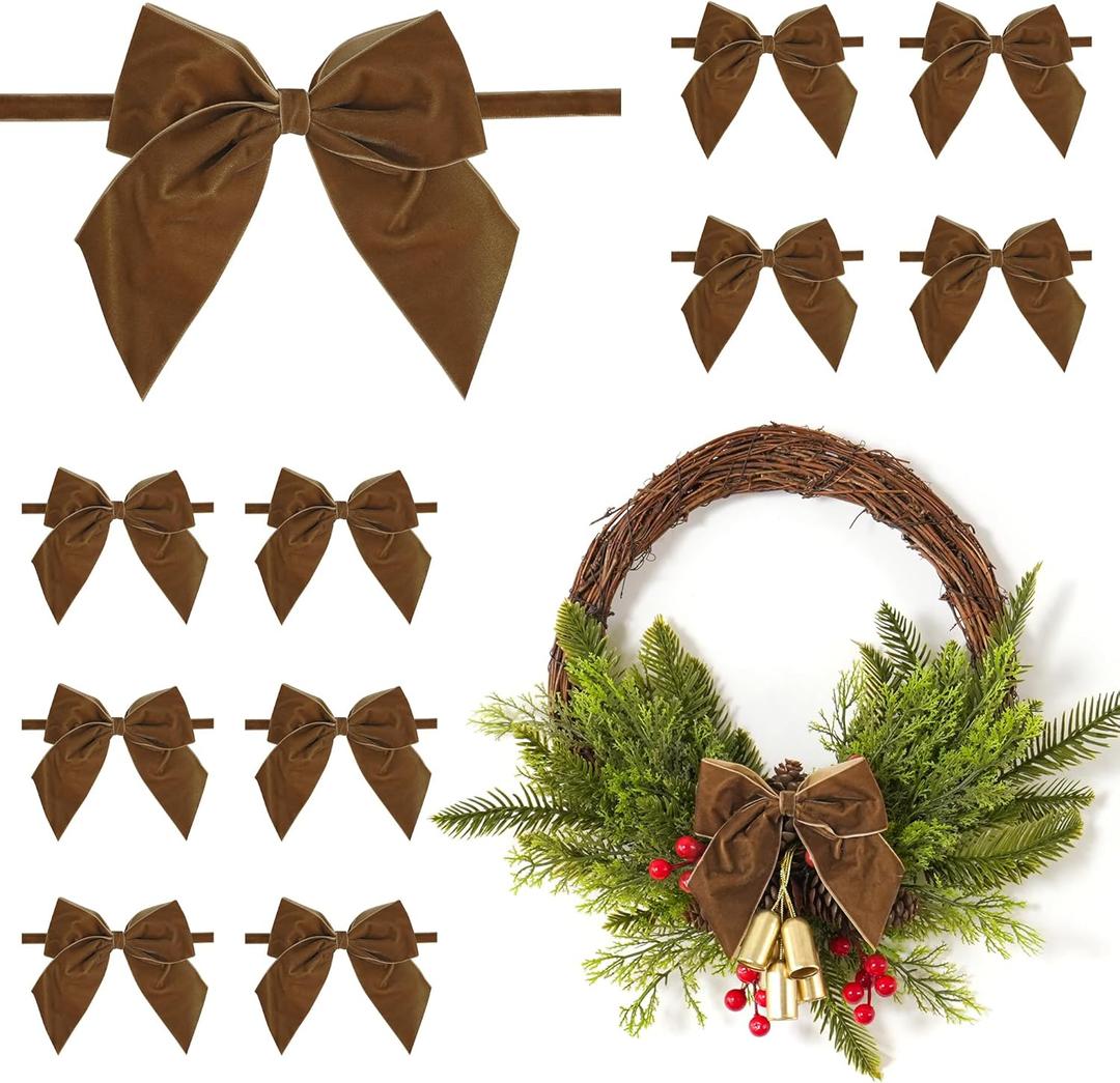 12 PCs Brown Velvet Ribbon Bow Decor 5'' Pre Tied Bows, Rustic Bow for Christmas Tree, Party Favor, Gift Wrapping, Premade Vintage Velvet Bows for Wreaths, Baskets, Bouquet, Treat Bag