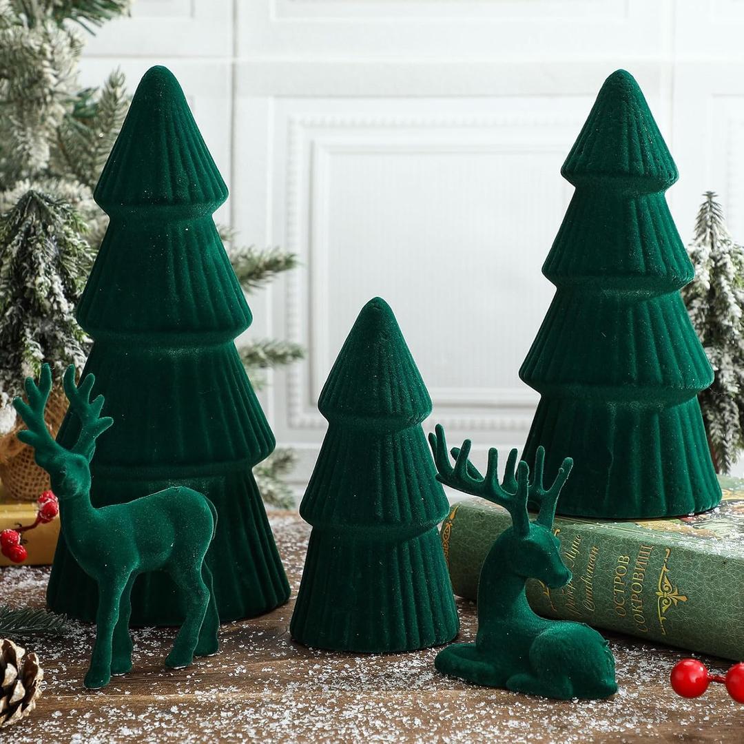 Amyhill 5 Pack Christmas Velvet Reindeer & Tree Decor Christmas Reindeer Decor Tree Figurine for Indoor Home Decoration Tabletop Mantle Cabinet Desktop Office(Green)