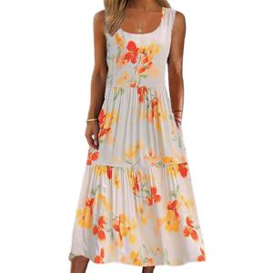 Womens Cotton Boho Floral Flowy Maxi Sundresses Sleeveless Casual Loose Summer Beach Vacation Swing Dress (Large, Bohemian 02)