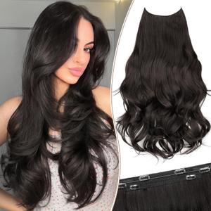 KooKaStyle Invisible Wire Hair Extensions 24 Long Wavy Layered Synthetic Clip in Hair Extensions with Transparent Wire Adjustable Size 6 Secure Clips Dark Brown Thick Hairpieces for Women 24Inch