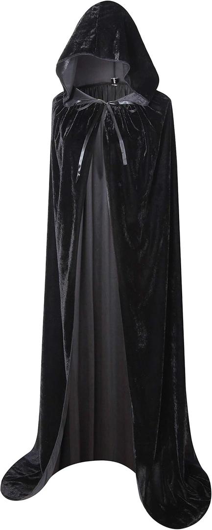 BIGXIAN Long Hooded Cloak Velvet Cape Witch Costume Halloween Costumes for Women Men (Black)