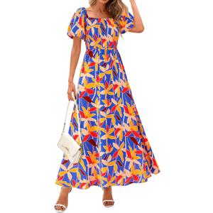 BTFBM Womens Spring 2026 Casual Maxi Dresses Short Sleeve Smocked Tiered Floral Boho Long Beach Dress with Pockets (S)
