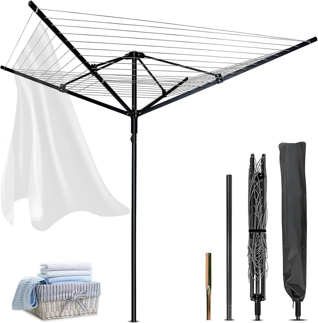 Outdoor Umbrella Drying Rack,Rotary Retractable Clothes Line,Outdoors Adjustable Height Drying Rack Clothing 12 Lines 4 Arms with 165 Feet Drying Space,Collapsible Clothes Drying Rack for Backyard