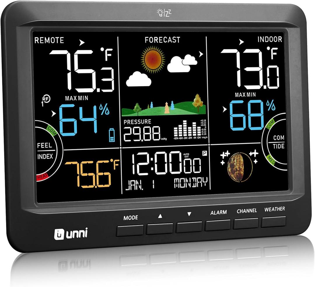 Weather Station Indoor Outdoor Thermometer Wireless, Home Atomic Clock with Large Constant Display, Inside Outside Temperature Humidity Monitor, Dew Heat Point, Barometer Black