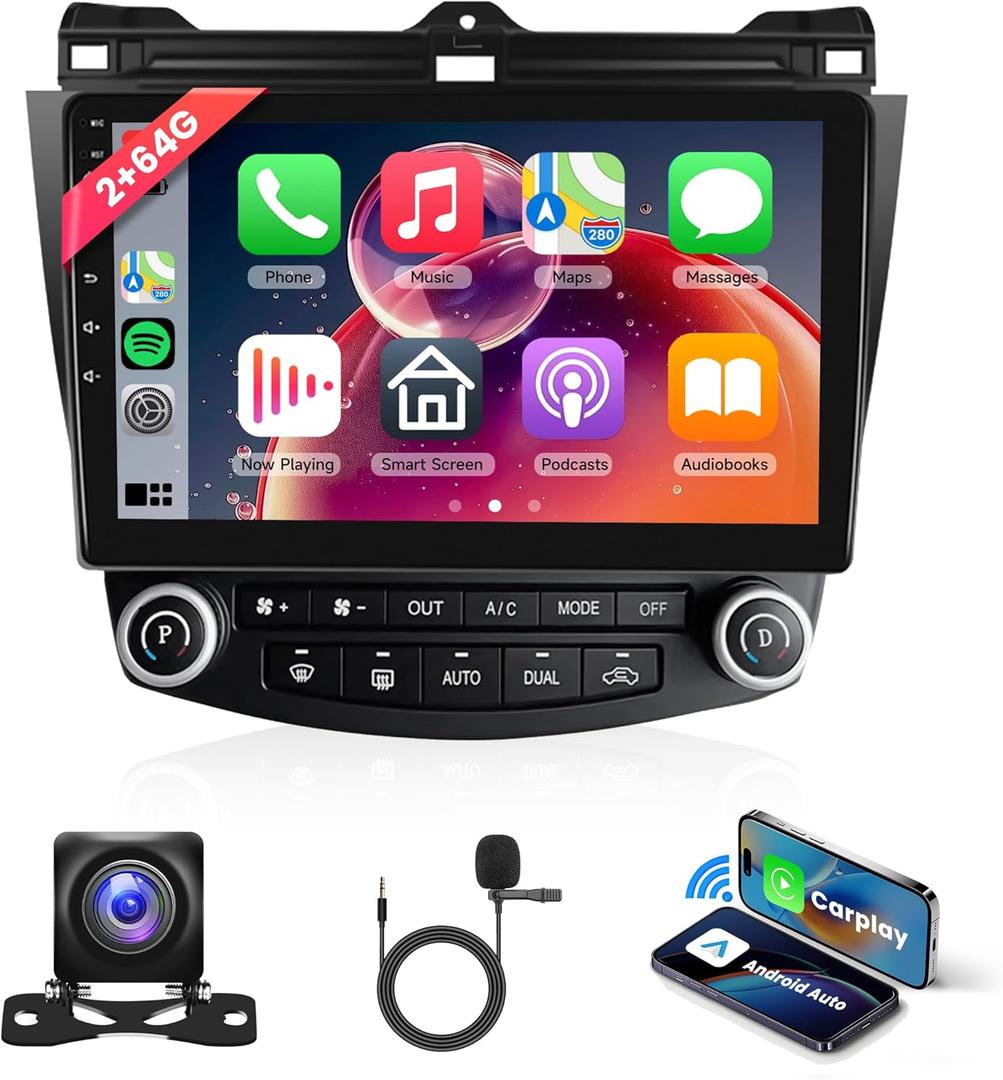 2+64G Android Car Radio Stereo for Honda Accord 2003 2004 2005 2006 2007 Wireless Carplay Android Auto, 10.1'' Touchscreen Head Unit with Bluetooth GPS WiFi Mirror Link FM/RDS Hi-Fi Backup Camera SWC
