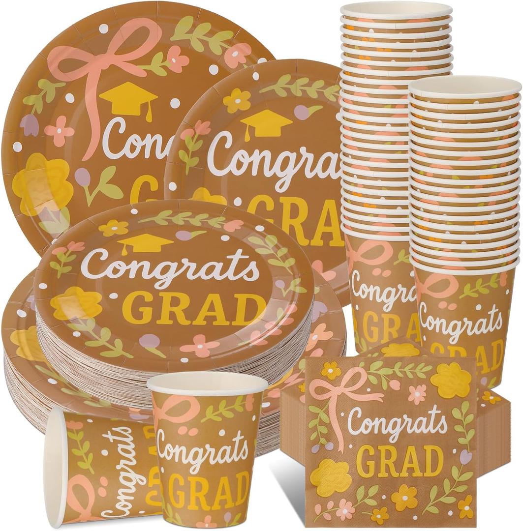 FoldTier 200 Pcs Boho Graduation Party Supplies Floral Graduation Plates and Napkins Cups Congrats Grad Party Decorations Farmhouse Class of 2026 Disposable Paper Tableware Set 7 Inch 9 Inch