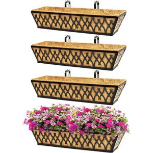 4 Pack 24 Inch Window Boxes Planters for Outdoor Plants Railing Planter Box with Adjustable Brackets for Windowsill Porch Fence Patio Hanging Flower Coco Baskets for Outside Decoration - Black