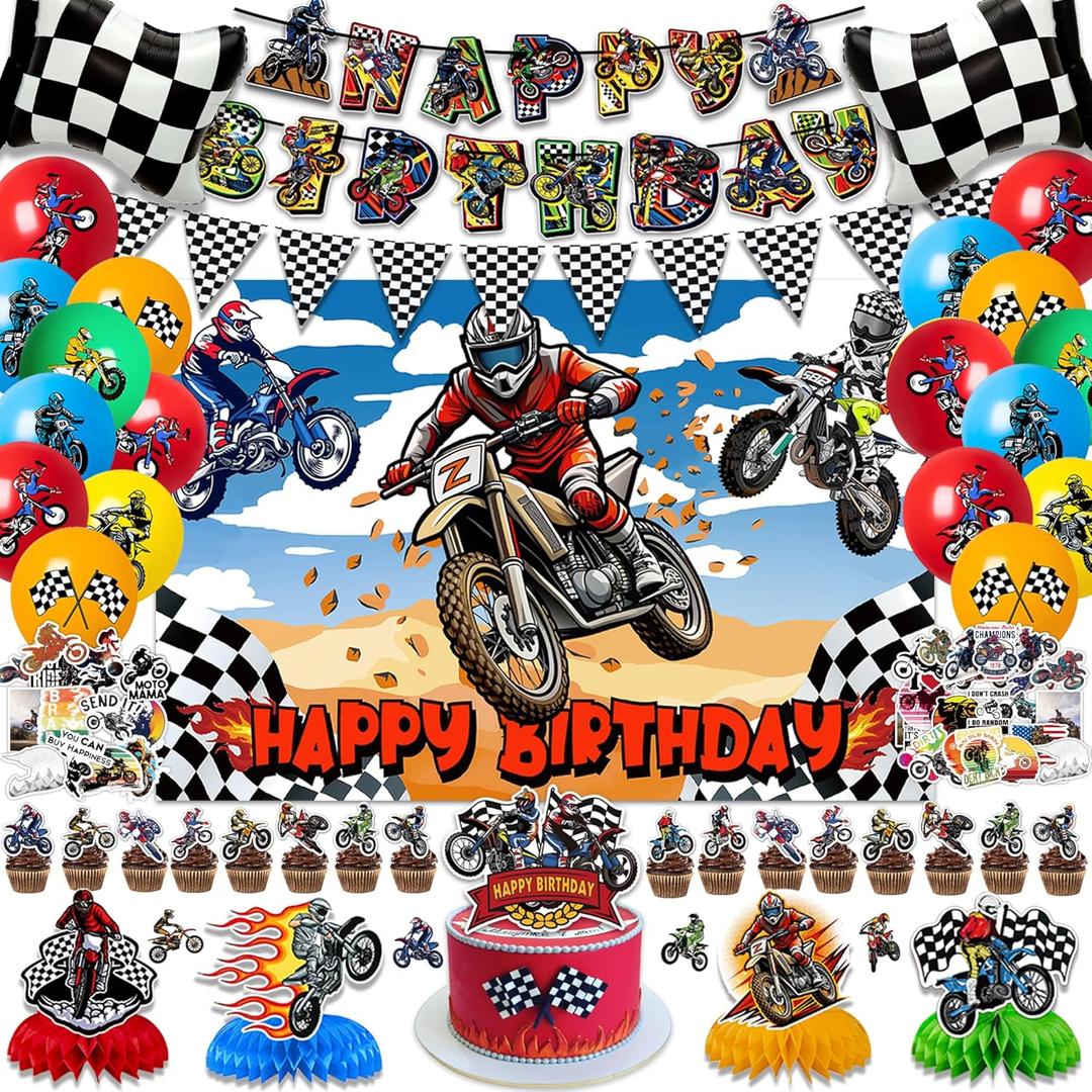 94PCS Dirt Bike Birthday Party Decorations Dirtbike Motocross Party Supplies Includes Banner Backdrop Balloons Cake & Cupcake Toppers Stickers Centerpieces