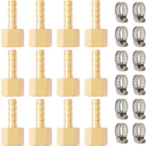 SUNGATOR 12-Pack 3/8'' Barb to 1/4'' Female NPT Brass Hose Barb Fittings, 3/8 Inch x 1/4 Inch NPT Female Air Line Connectors, Brass Barbed Air Hose Repair Fittings with 12 Clamps