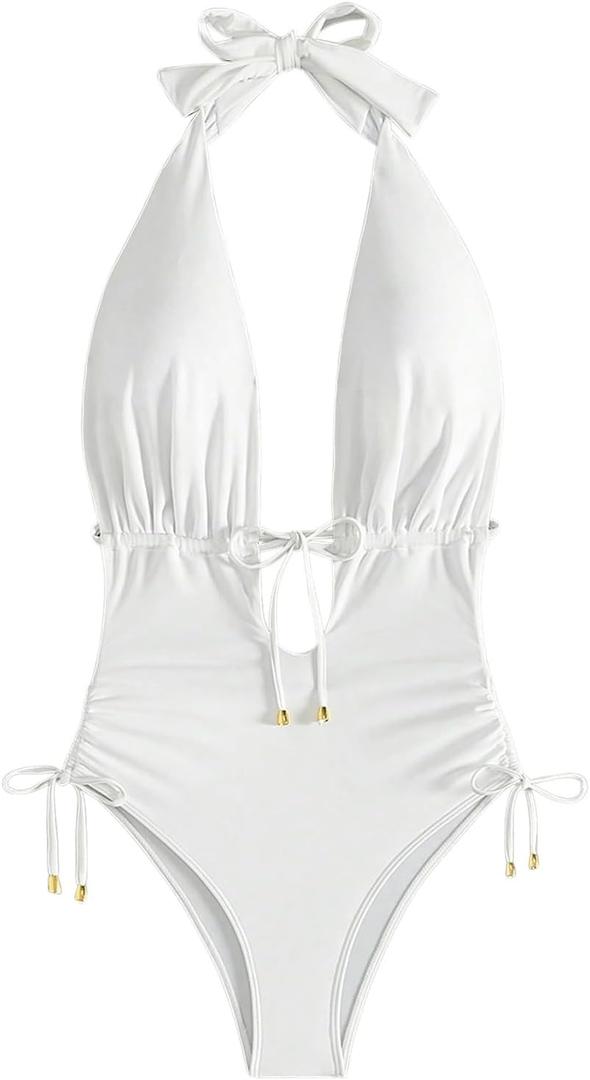 WDIRARA Women's Tie Front Sleeveless Halter One Piece Swimsuit Ruched V Neck Backless Swimwear (White)