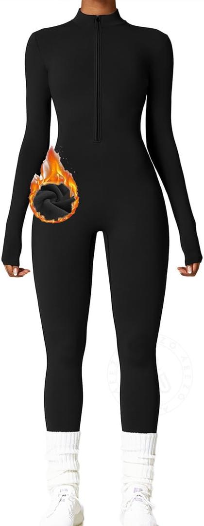 Womens Long Sleeve Workout Jumpsuit Zip Up Yoga Rompers Sexy Tummy Control One Piece Bodycon Bottom Pants (Medium, #3 Thermal Black)