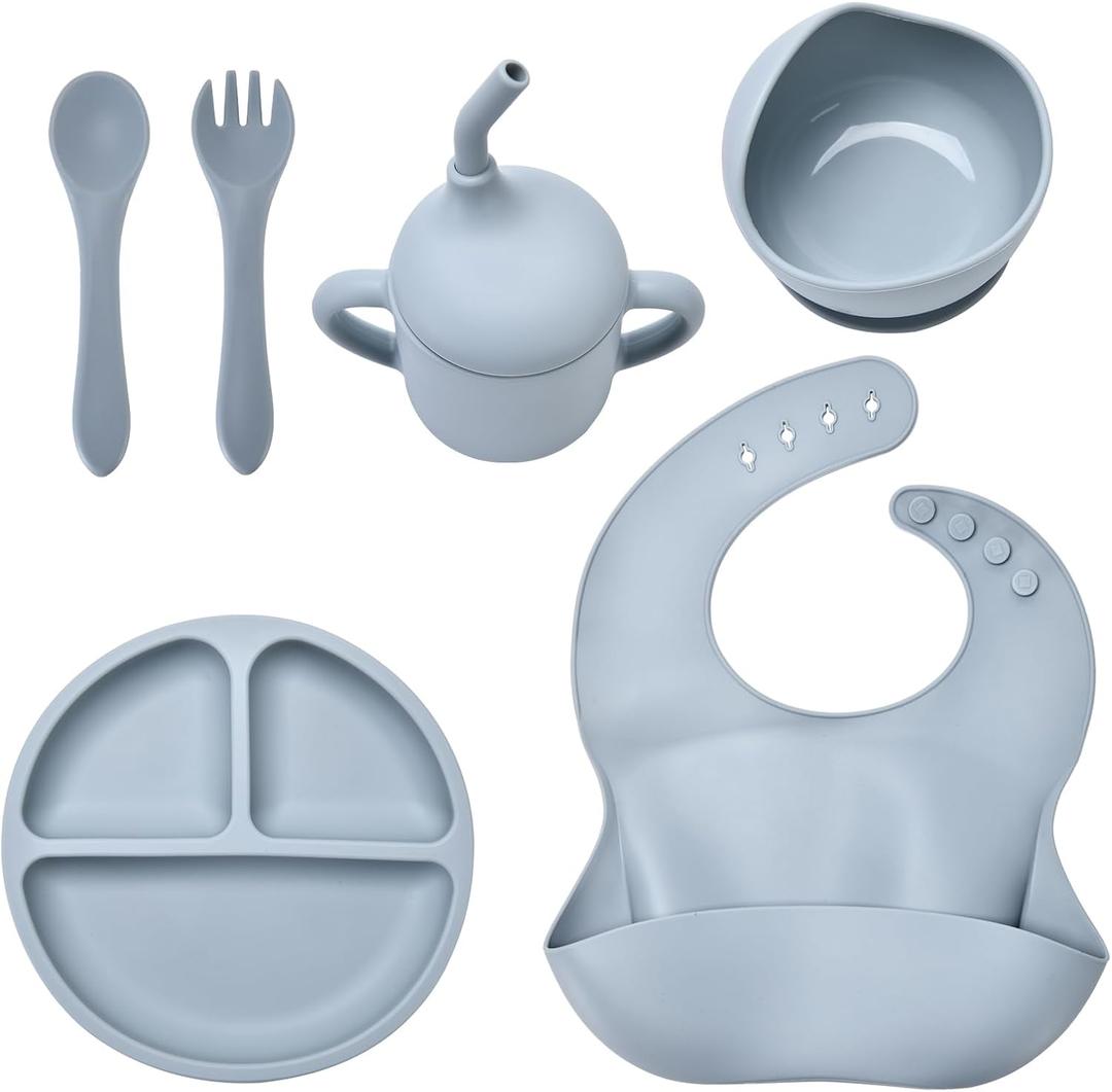 Baby Silicone Feeding Set, Baby Weaning Set, Baby Essentials, Includes Baby Spoons, Baby Bibs, Suction Plates for Baby Baby Bowls, Food Grade Silicone, BPA Free (A-1)
