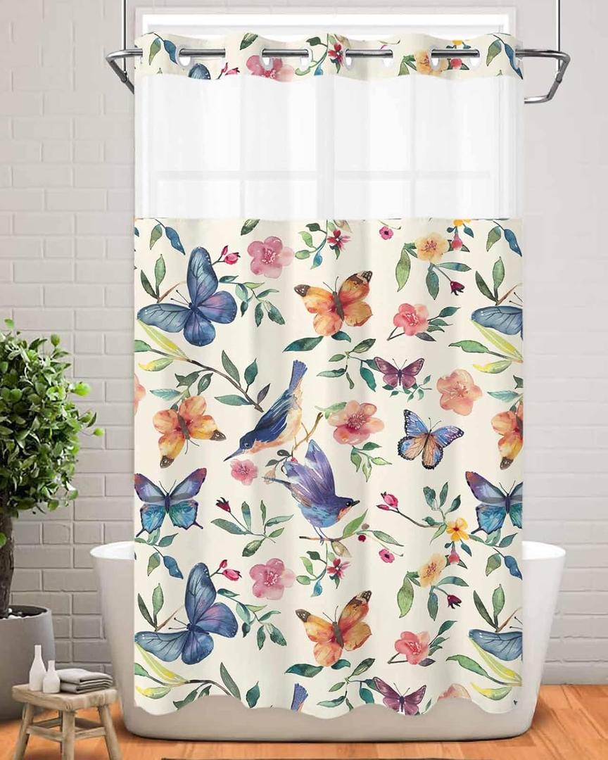 Flower Shower Curtain Waterproof Snap in Liner, Watercolor Blue Floral Butterfly Vibrant Colorful Petals No Hooks Shower Curtain, 36x72 Polyester Flower Curtain Shower for Your Bathroom Decor (Dark Green)
