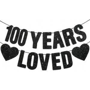 100th Birthday Decorations Pre-Strung Black Glitter 100th Birthday Banner Decor for Birthday Anniversary Party 100 Years Old Loved Sign Decorations Supplies