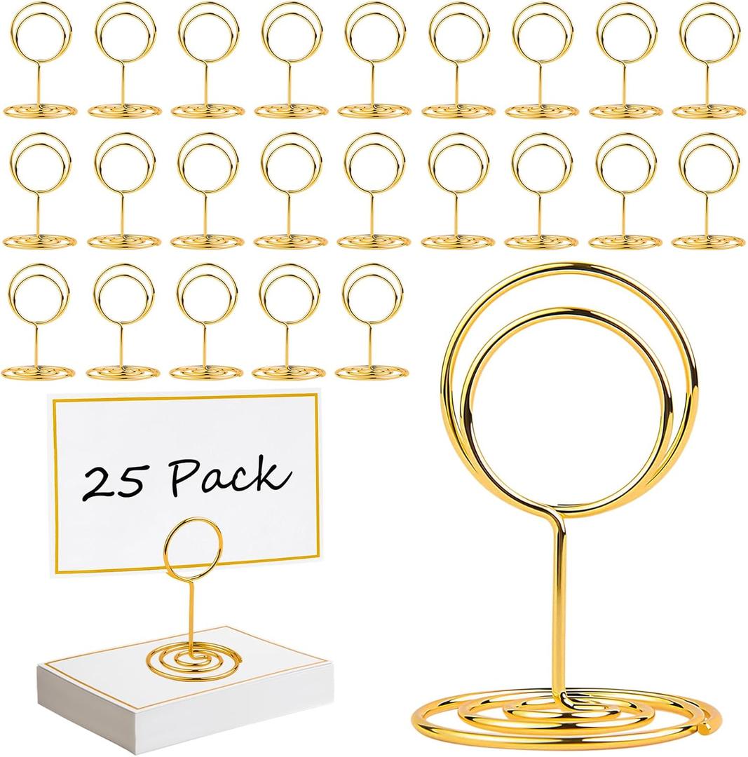 MAXECHO 25 Pack Gold Table Number Holders with 25 Place Cards, Name Cards, Food Labels Tags, Sign Stand for Party Buffet, Mini Photo Picture Holder, Wedding Reception, Birthday, Centerpieces