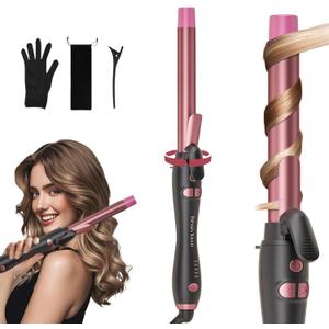 Extra-Long Barrel Rotating Curling Iron with Short Clamp, Automatic Curling Iron 1 Inch Creates Loose Curls for Medium and Long Hair, High Heat 410F, Instant Heat up, Double Ceramic, Dual Voltage