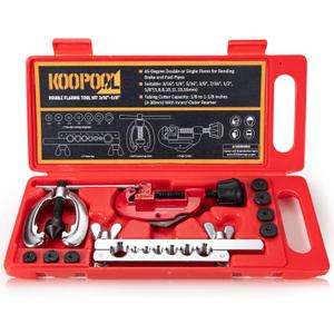 KOOPOOL Double & Single Flaring Tool Kit for Brake Line HVAC System with Tube Cutter Extra 7 Adapters,Brass Copper Pipe 45 Degrees Flaring Tool
