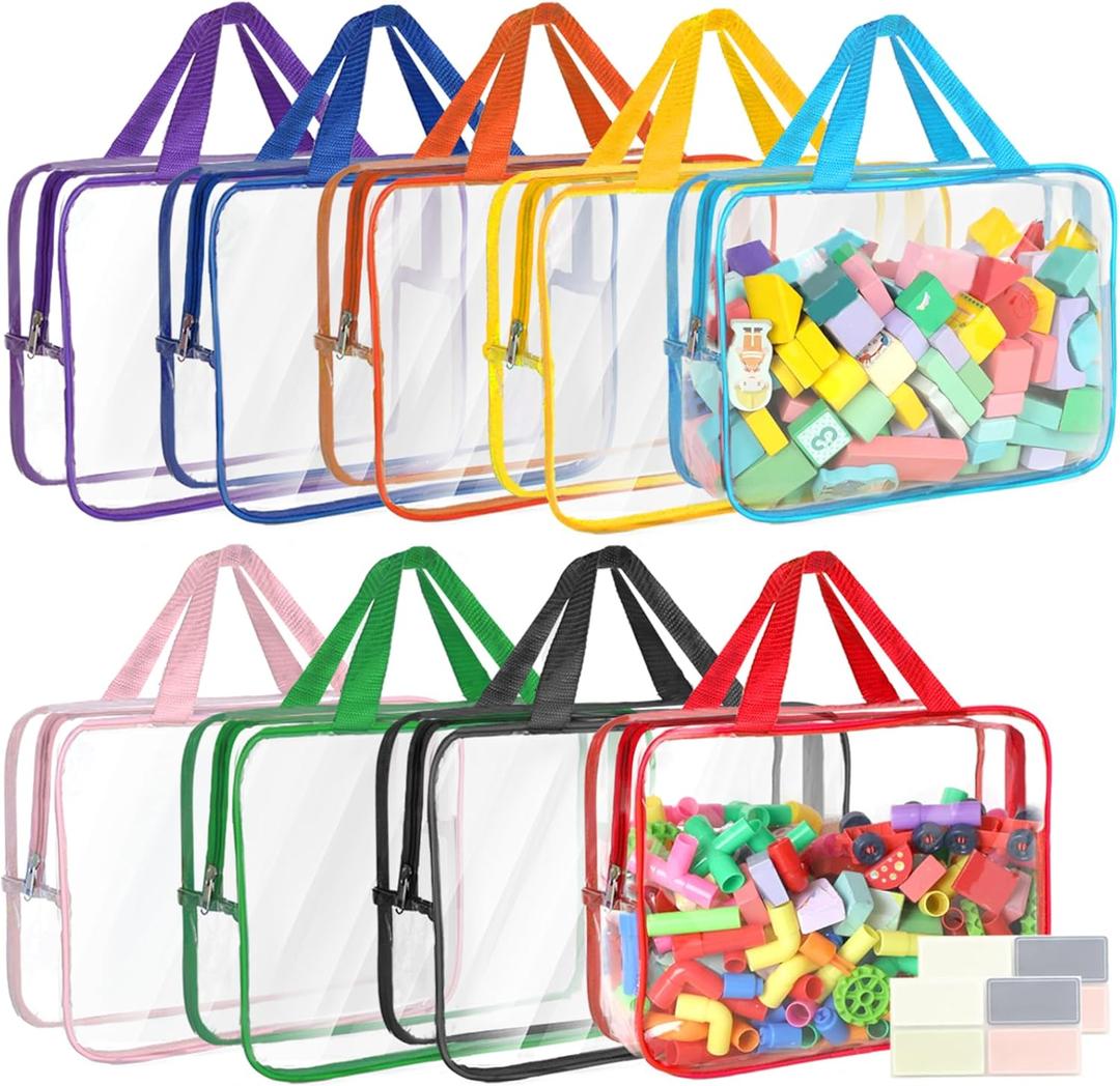 9 Packs Toy Storage Bags with Labels, 11.8x8.7x3.9In Large PVC Reusable Clear Board Game Storage with Zipper, Travel Waterproof Organizer Bags for Building Blocks, Puzzle, Books, Stationery