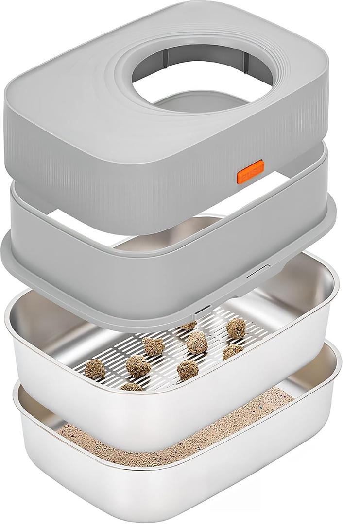 Stainless Steel Sifting Litter Box with Lid, Metal Litter Pan with Scoop for Big Cats Multi Cat, Extra Large Cats Litterbox Odor Control Easy Clean