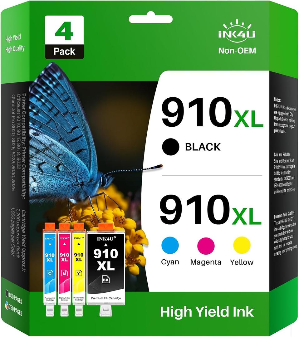 INK4U 910XL Ink Cartridges Combo Pack Compatible Replacement for 910XL 910 Ink Cartridges to Use with OfficeJet Pro 8020 8025 8028 8030 8035 8010 8015 8018 8022 Printer (BK/C/M/Y, High Yield, 4 Pack)