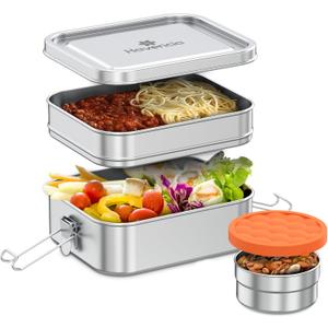 Stackable Stainless Steel Bento Box with Snack Container, 47oz/1400ml - Stainless Steel Lunch Box, Metal Bento Box for Kids & Adults, Eco-Friendly with Compartments for School, Work & Travel