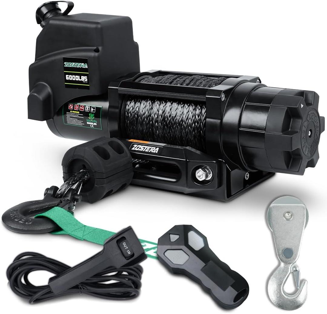 Winch with 1/4"55 ft Synthetic Rope Electric Winch 12v 6000lbs, Trailer Winch with Wireless Remote &Manual Switch, with Pulley+Rubber Stopper,IP68 Waterproof, for Off Road ATV UTV, 6000lbs-NB