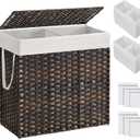 SONGMICS Laundry Hamper with Lid, 130L Clothes Hamper with 2 Removable Liner Bags and 6 Mesh Bags, Wicker Laundry Basket, Double Laundry Hamper for Bathroom, 13 x 26 x 23.6 Inches, Brown ULCB253K01