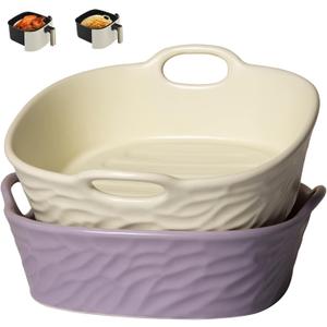 2Pcs Square Ceramic Bowls for Air Fryer, Easy Clean Liner, Replacement for Silicone Liners (8.5 inch Square: Purple+White)
