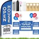 44 Pcs Open House Signs for Real Estate Agent Supplies, Double Sided Open House Flag Kit for Outside, 7.6 x 5.4 Ft Blue Banner Flag Poles Set with Directional Arrows Yard Sign Stakes Balloons