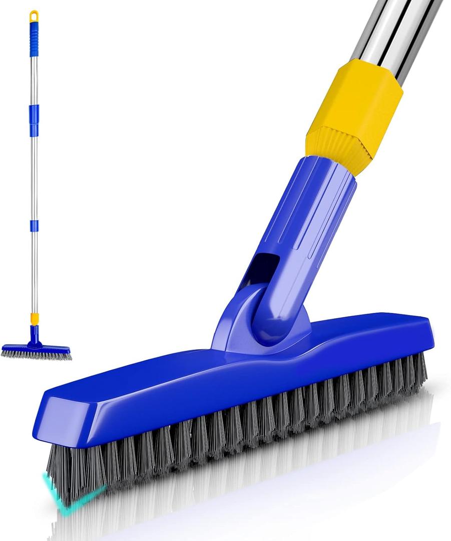 ITTAR Grout Brush with Long Adjustable Handle, Swivel Scrub Brush, V-Shape Grout Line Scrubber with Stiff Bristle for Deep Cleaning Tile Grout, Shower, Kitchen, Hard-to-Reach Corners (Blue Head)