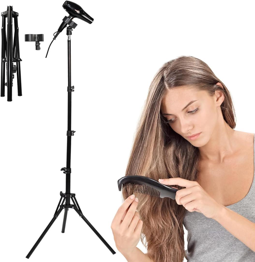 Shouken Adjustable Hands-Free Hair Dryer Stand Holder-64.4 inches,360 Degree Rotation,Blow Dryer Holder Countertop With Non-Slip Tripod and Universal Clip