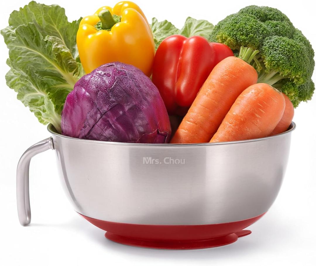 Suction Mixing Bowl SUS304 Stainless Steel w/Non-Slip Silicone Suction Cups Base, Egg Beating Bowls with Handle Baking Bowl Tool for Cooking Baking Prepping Food Storage Batter Bowl Deepen