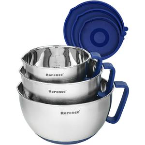 Rorence Mixing Bowls Set: Stainless Steel Non-Slip Bowls with Pour Spout, Handle and Lid - Set of 3 - Blue