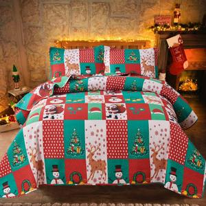 Christmas Bedding Set King Size Quilt Bedspread - Rustic Plaid Patchwork Lodge Cabin Home Decor - Holiday Xmas Lightweight Reversible Coverlet (King(Quilt 108"*96"), Christmas Tree Snowman)