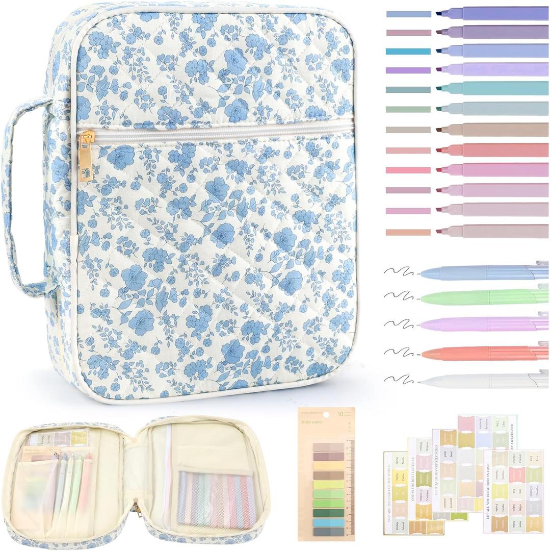 Zkptops Bible Cover Case for Women Girls Large Bible Bag Blue Cotton Quilted Floral Bible Carrying Case with Zipper Pocket and Handle Carrying Book Cover for Christian Study Supplies Christian Gift