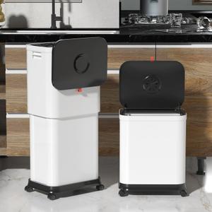 Kitchen Trash Can with Wheels, Adjustable Capacity 20L to 45L Rolling Trash Bin, Plastic Narrow and Height Garbage Can with Lid，Trash Can Dog Proof for Bathroom|Kitchen|Bedroom|Office