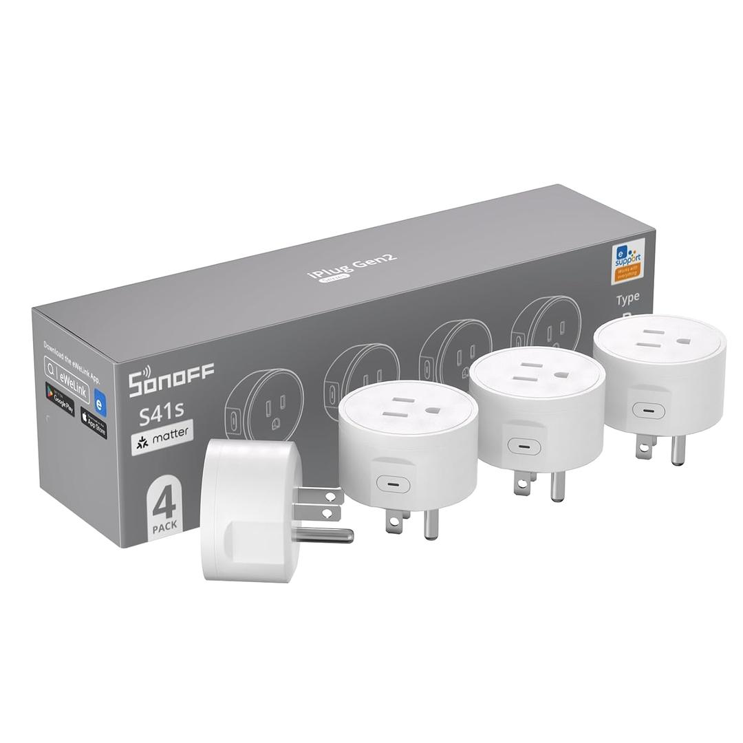 SONOFF Matter Smart Plug S41s 4-Pack, 15A 1800W WiFi Smart Plug Outlet, ETL Certified, Remote & Voice Control with Timer, Compatible with Alexa, Google Home, Apple HomeKit & SmartThings