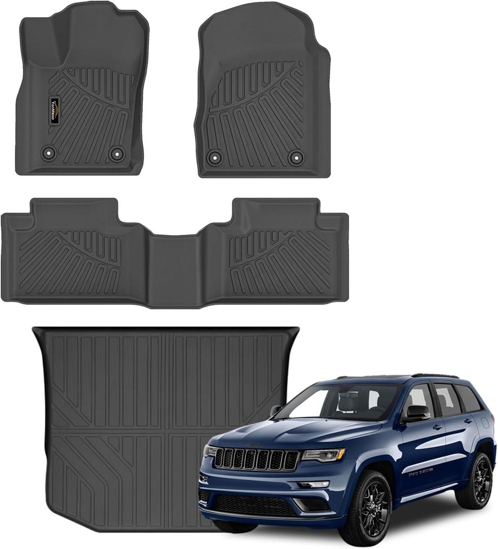 Floor Mats & Trunk Mat Custom for Jeep Grand Cherokee & Dodge Durango 2016-2021/Grand Cherokee WK 2022 (Not for L) All Weather TPE Rubber Cargo Liner Automotive Full Set Accessories- Black