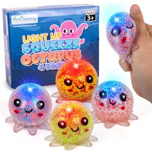 ArtCreativity Jumbo Light Up Squishy Octopus Toys  Set of 4 Fidget Sensory Toys for Kids & Adults  Glow in The Dark Toys for Autism, ADHD, Anxiety, Party Favors & Classroom Rewards