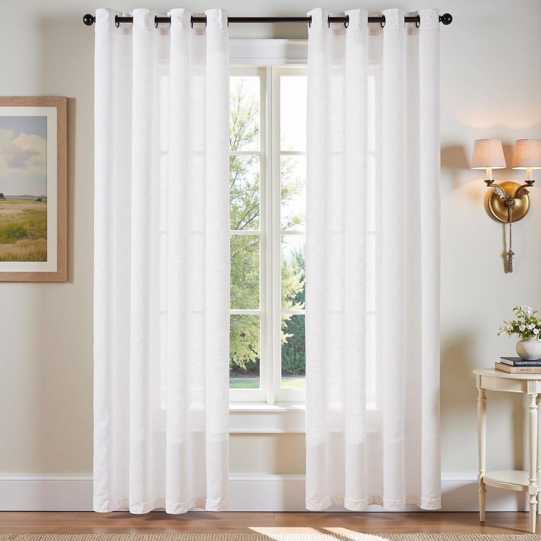 jinchan White Linen Blend Curtains for Living Room 84 Inch Length 2 Panels Set Semi Sheer Light Filtering Grommet Curtains for Bedroom Light Weight Soft Window Grommet Drapes Cream 50W x 84L Inch