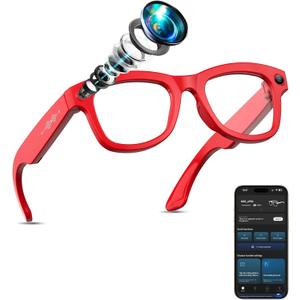 AI Smart Glasses with Camera Stabilization - 8MP POV Video Recording, Real-Time AI Translation, Smart Assistant, Dual-Mic Noise Canceling for Travel & Meetings - Anti-Blue Light, Red Frame