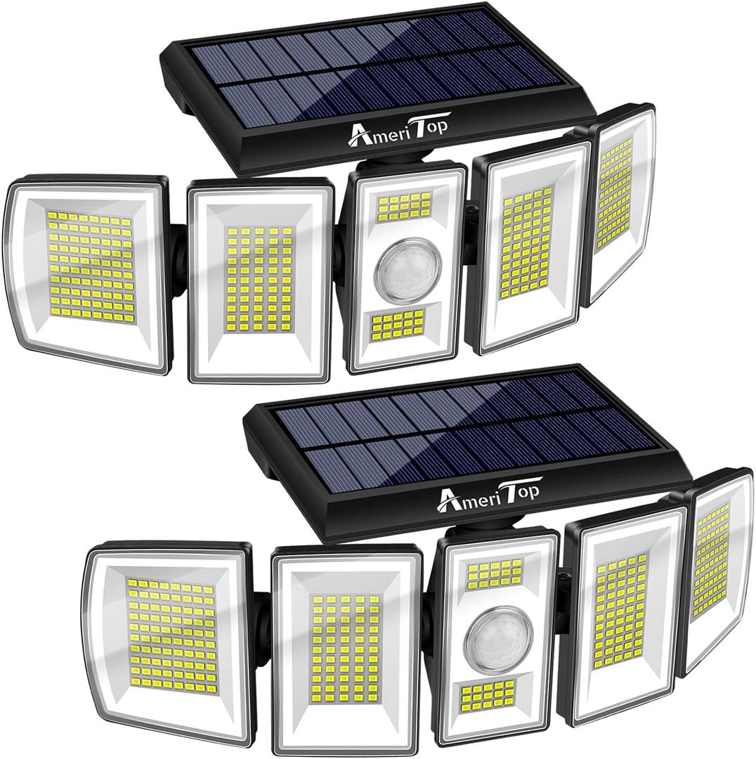 AmeriTop Solar Lights Outdoor 300 LED 7000K Motion Sensor Lights Cordless; 5 Adjustable Heads, 360 Wide Angle Illumination, IP65 Waterproof, Security LED Flood Light for Patio Yard Garden 2 Pack