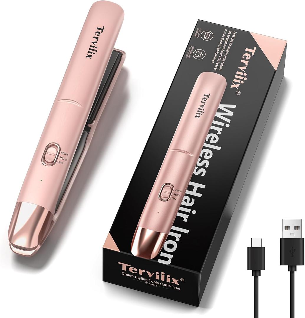 Terviiix Cordless Hair Straightener Portable Size, Max 430F Mini Hair Straightener & Curler 2 in 1 for Short Hair, Rechargeable Mini Flat Iron for Travel with Argan Oil Infused, 4500mAh Battery