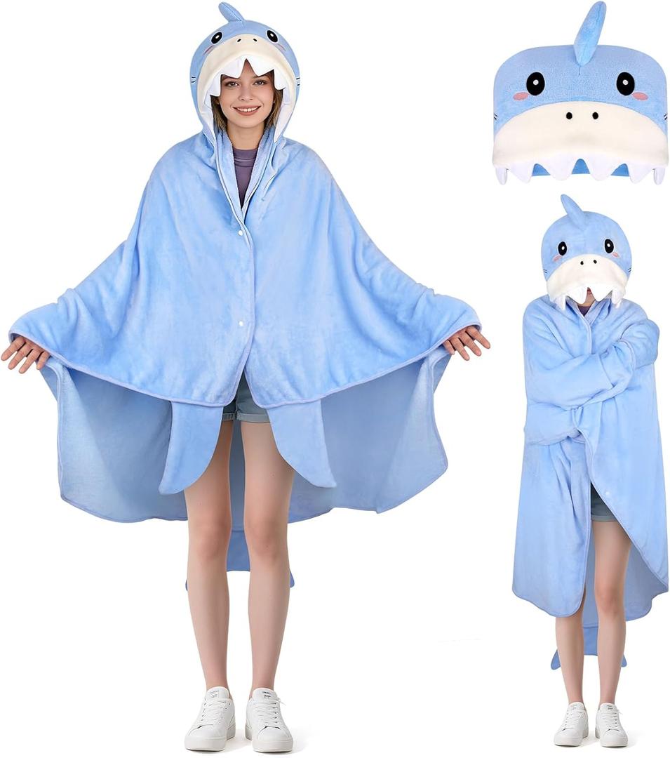 Wearable Hooded Blanket, Soft Hooded Cloak Hoodie Blanket for Women, Adults, Hoodie Blankets Gifts for Mother's Day (Blue)