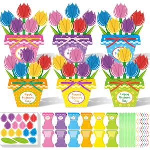 Funrous 24 Set Mother's Day Craft Kits Make Your Own Flowerpot Handmade Greeting Card DIY Mother's Day Large Paper Tulip Craft Kits for Mom Gift Spring Holiday Party Activity Flower Art Projects