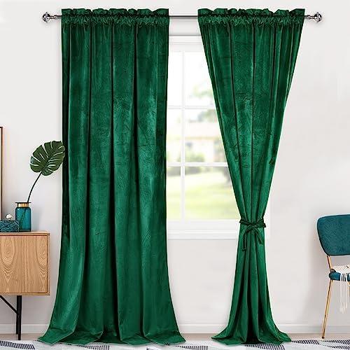 Hiasan Green Velvet Curtains 108 inches-Blackout Thermal Insulated Solid Soft Curtains for Bedroom Living Room Rod Pocket Room Darkening 2 Panels Window Drapes with Tiebacks, 52W x 108L