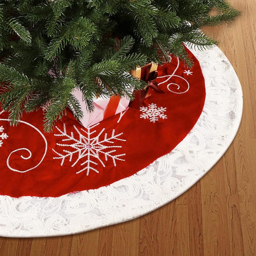 Christmas Tree Skirt 48 Inch with Snowflake Pattern fit 4-9 ft Christmas Tree Xmas Decorations Christmas Holiday Party Ornaments (Red)
