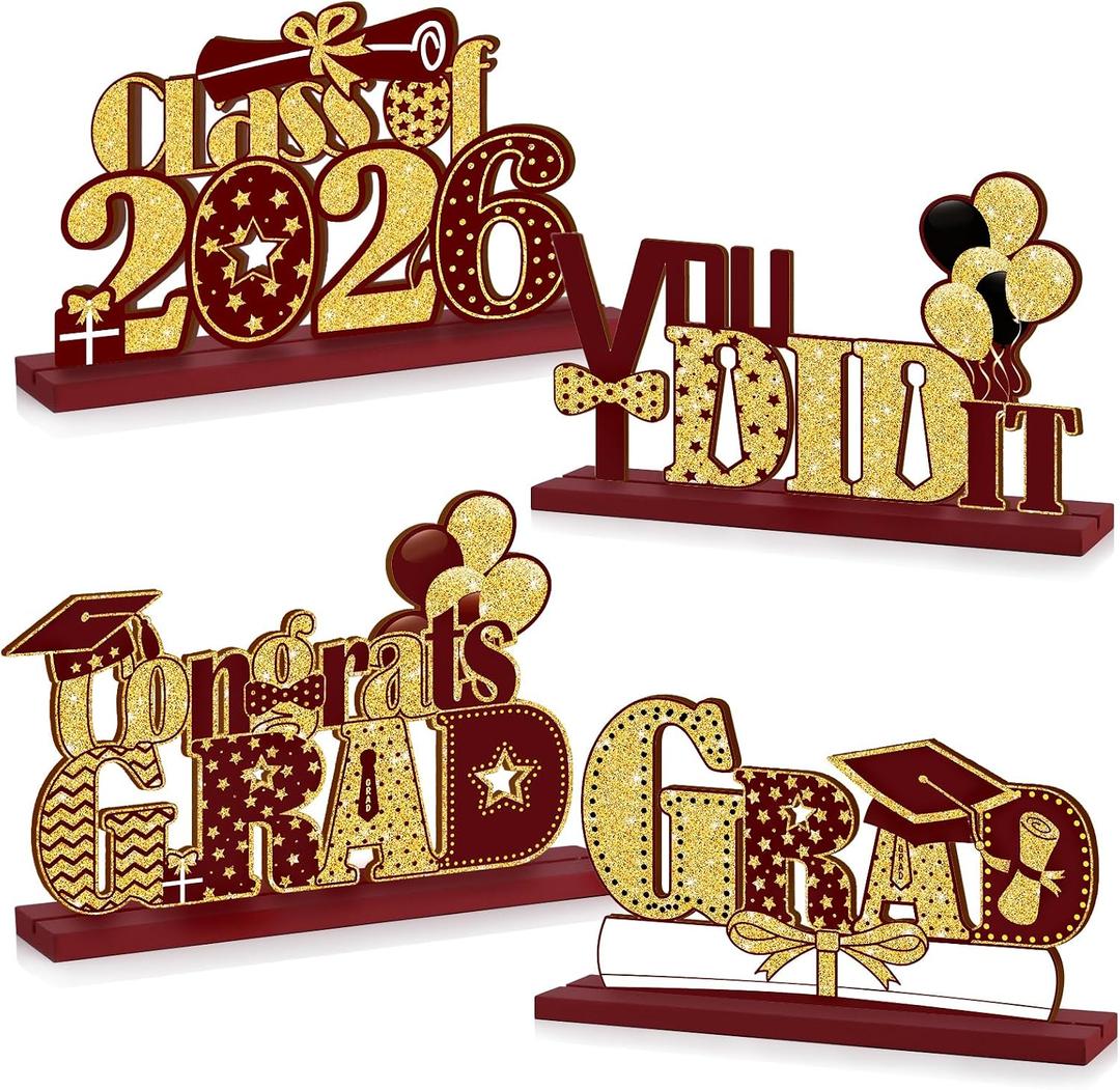 4 Pieces 2026 Graduation Party Decorations Wooden Class of 2026 Table Centerpieces Grad Congratulate Table Toppers for High School College Graduation Party Favor Supplies Photo Booth Props(Maroon)