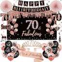 70th Birthday Decorations for Women: 33pcs Kit with Crown, Sash, Banner, Backdrop, Balloons, Swirls & Fans in Rose Gold & Black
